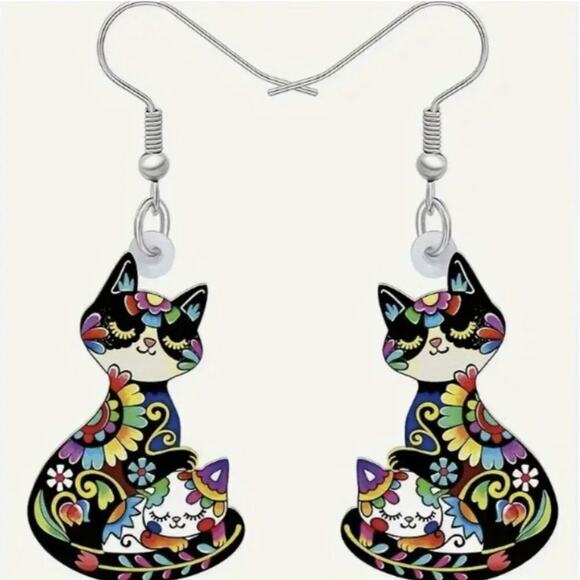 Colorful Folk Art Cat Earrings Acrylic Floral Boho Dangle NWT - Picture 6 of 6